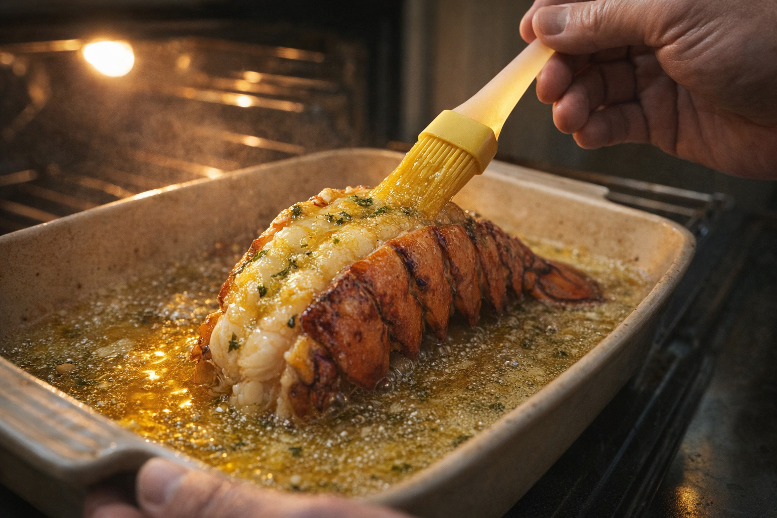 A lobster tail being basted with garlic butter in a baking pan, oven light reflecting off the melted butter, medium shot